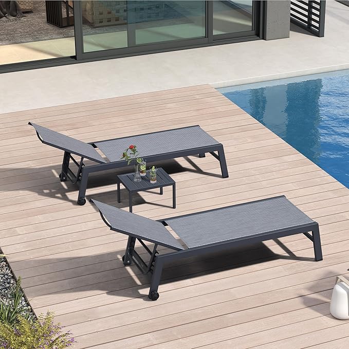 PURPLE LEAF Patio Chaise Lounge Set 4 Pieces Aluminum Outdoor Lounge Chairs with Wheels and Side Table Sunbathing Recliner Mixed Grey