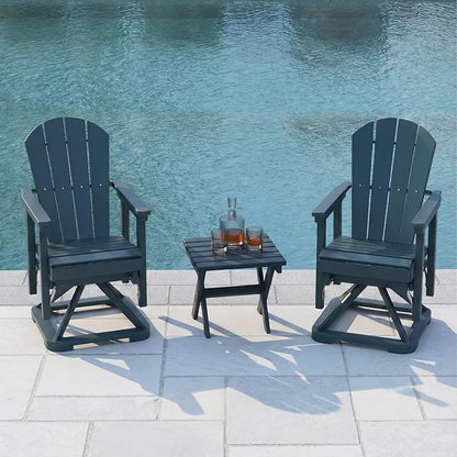 HDPE Swivel Glider Chair Set of 2 with Folding Side Table, Wooden Textured Adirondack Outdoor Swivel Chairs for Porch, Balcony, Poolside, Backyard (Navy Blue)