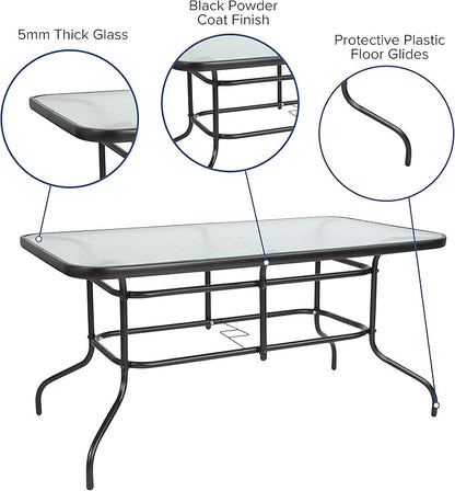 Flash Furniture Tory 31.5" x 55" Rectangular Tempered Glass Metal Patio Table with Umbrella Hole, Modern Rippled Glass Outdoor Dining Table, Black