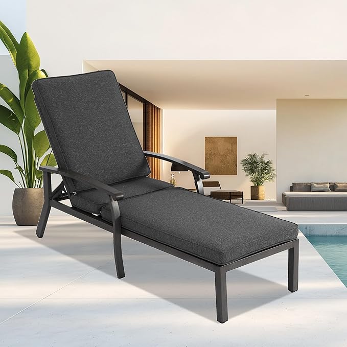 Chaise Lounge Chair Outdoor with Wheels, Cast Aluminum Tanning Chair with Grey Cushion, for Outside Beach Patio Pool Lawn with Adjustable 5 Position Recliner, 1 Pack