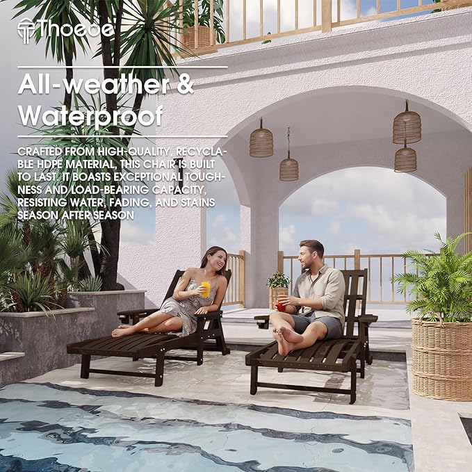 THOEOE Patio Chaise Lounge Chair, Oversized Lounge Chair Outdoor with 5 Positions, HDPE, Patio Lounge Chair with Wheels & Cup Holder for Pool, Deck, Poolside,Brown