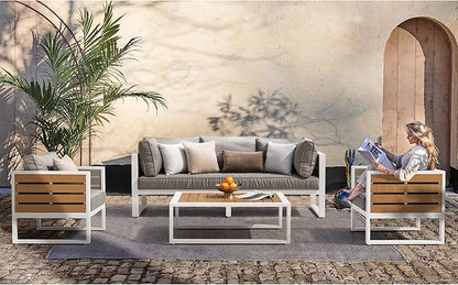 NUU GARDEN Outdoor Rectangle Coffee Table, Powder-Coated Aluminum Frame, 40'' x 15'' Slatted Imitation Wood Tabletop, for Patio, Garden, Backyard and Balcony, White