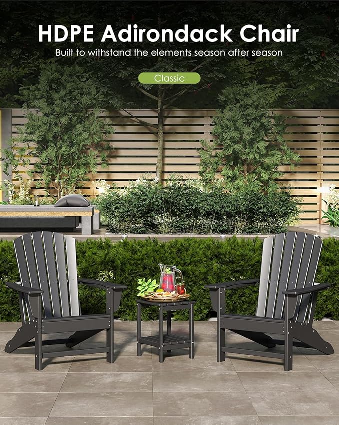 GREENVINES Adirondack Chairs Set of 4 | HDPE Plastic | Oversized Fire Pit Chair | All Weather | Black | Poly Lumber | for Outdoor Deck Backyard Patio Garden