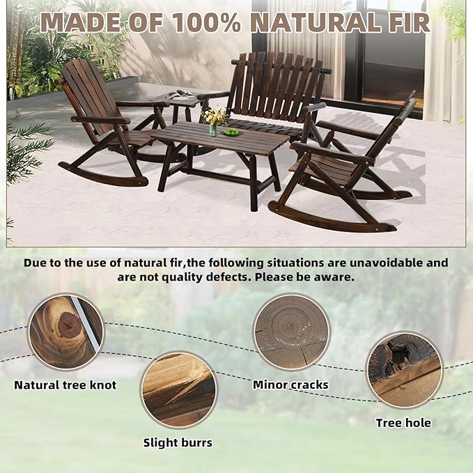 5-Piece Outdoor Wood Rocking Bistro Set, Rustic Wooden Conversation Set Including 2-Seater Loveseat, 2 Coffee Table, 2 Log Rocker Chair, Patio Furniture Chair Set for Lawn Yard, Carbonized