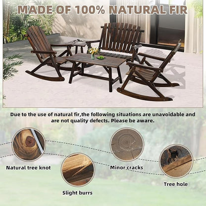 5-Piece Outdoor Wood Rocking Bistro Set, Rustic Wooden Conversation Set Including 2-Seater Loveseat, 2 Coffee Table, 2 Log Rocker Chair, Patio Furniture Chair Set for Lawn Yard, Carbonized