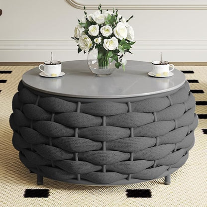 TWT Outdoor Coffee Table for Patio Table Rope Patio Coffee Table Lawn Garden Small Coffee Table with Rock Slab Top All-Weather, 25.6in(Textilene Rope, Dark Grey)
