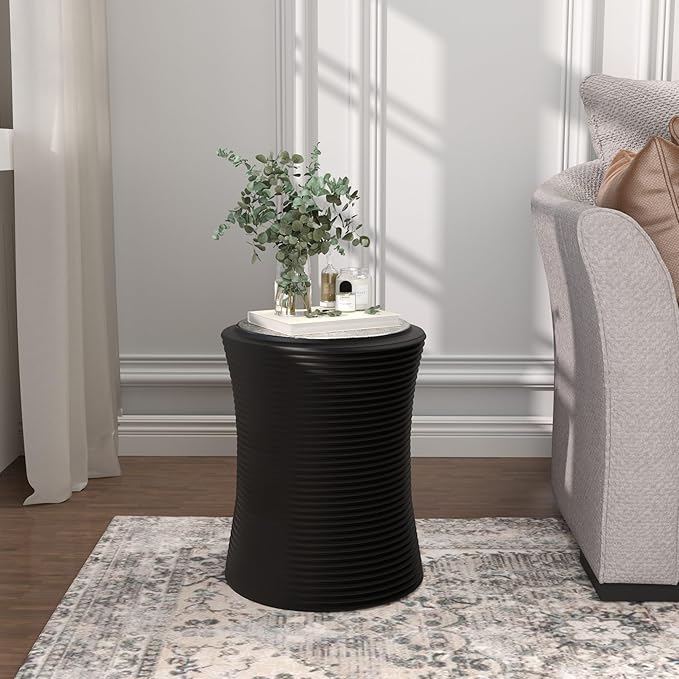 SUNBURY Outdoor Concrete Side Table, 14" W Hourglass Shaped Outdoor Side Table for Patio, Outside Accent Table Garden Stool, Modern End Table w Faux Natural Slate Rock for Porch, Sunroom, Deck