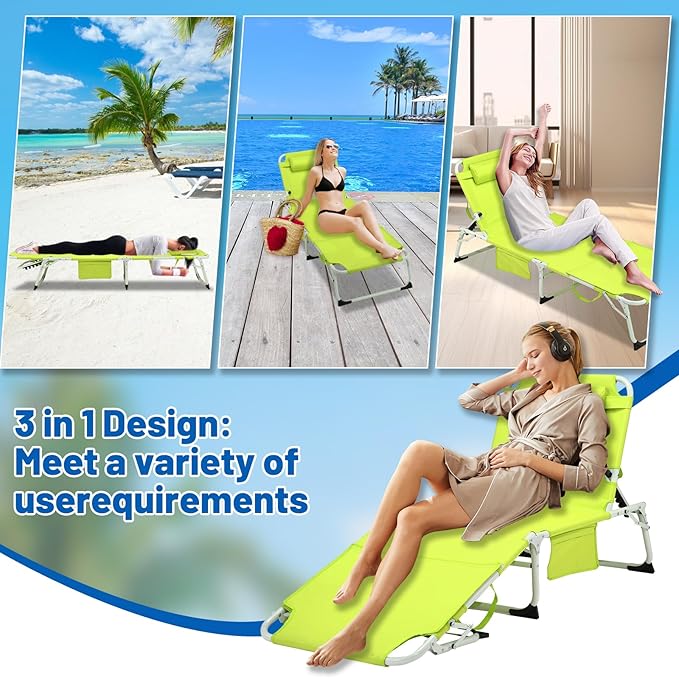 XMT 3-in-1 Tanning Chair with Face Hole for Outside, 5-Position Reclining & Head Cushion – Portable Folding Beach Lounge Chairs for Pool, Lawn, Yard (Green)