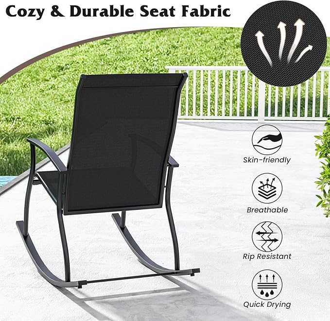 Giantex Outdoor Rocking Chair Set of 4 - Patio Rocking Chairs w/Breathable Backrest, Sturdy Metal Frame & Safe Ergonomic Design, Cozy Fabric Rocker for Backyard, Poolside, 330 lbs, Black