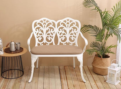 espidoo Cast Aluminum Garden Bench: Year-Round Elegance with Floral Rose - White Outdoor Patio Bench with Cushion - 34.6" W for Patio Lawn & Backyard