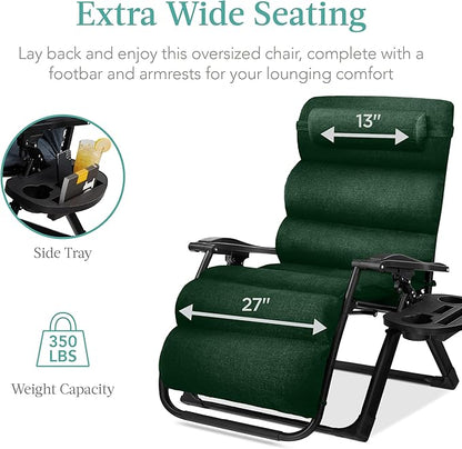 Best Choice Products Oversized Zero Gravity Chair, Folding Outdoor Patio Recliner, XL Anti Gravity Lounger w/Removable Cushion, Cup Holder, Side Tray, 350lb Capacity - Forest Green