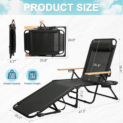 Outdoor Chaise Lounge Chair with 4-Position Adjustable Backrest, Patio Folding Sun Tanning Chair, Pillow & Cup Holder, Portable Recliner Sunbathing Lounger Chairs for Pool Beach Lawn Garden (Black)
