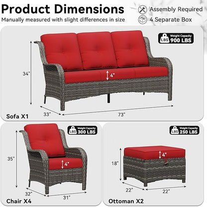7 Piece Outdoor Wicker Patio Furniture Set, Patio Chairs Set with Thickened Olefin Cushions, High Back and Deep Seating, Hand-Woven PE Rattan, Ottoman for Porch, Deck