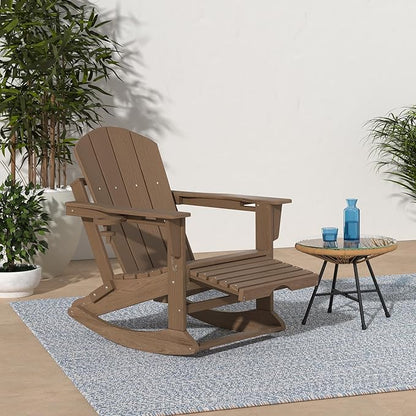 KINGYES Adirondack Rocking Chair Set of 4 with Retractable Ottoman and Cup Holders, HDPE Adirondack Rocker Patio Rocking Chair for Porch, Patio, Balcony, Brown