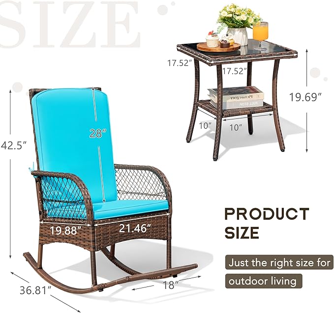 Devoko Outdoor Rocking Chairs 3 Piece Patio Furniture Set with Side Table & Cushions, Wicker Porch Rocker Bistro Set High Back for Balcony, Backyard, Garden (Blue)