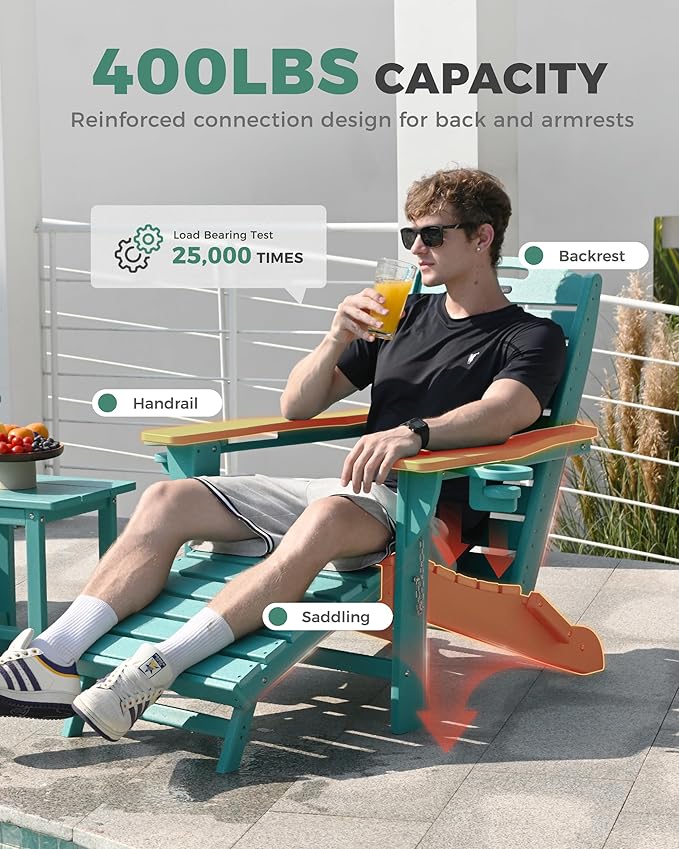 Folding Adirondack Chairs Set of 2,Adirondack Chair with Retractable Ottoman,Plastic Adirondack Chairs with 2 Cup Holder,Weather Resistant Patio Chair,Outdoor Chairs Set of 2(Lake Blue)