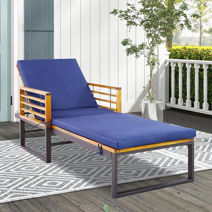 Tangkula Acacia Wood Patio Lounge Chair, Heavy Duty Outdoor Chaise Recliner with with 4 Level Adjustable Backrest, Foam-Padded Cushion, 800 lbs Weight Capacity, for Poolside, Garden, Deck (1, Navy)