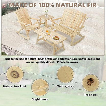 4-Piece Outdoor Wood Rocking Bistro Set, Rustic Wooden Conversation Set Including 2-Seater Loveseat, 2 Coffee Table, Log Rocker Chair, Patio Furniture Chair Set for Lawn Yard, Natural