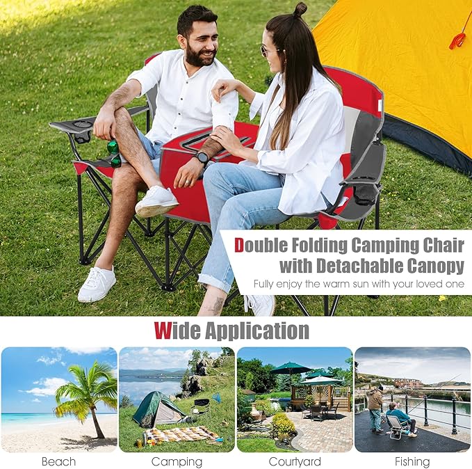 S AFSTAR Double Camping Chair w/Shade Canopy, 2-Person Folding Camp and Beach Chair with Mini Table Beverage Cup Holder Carrying Bag, Collapsible Camping Chairs for Garden Patio Pool Beach