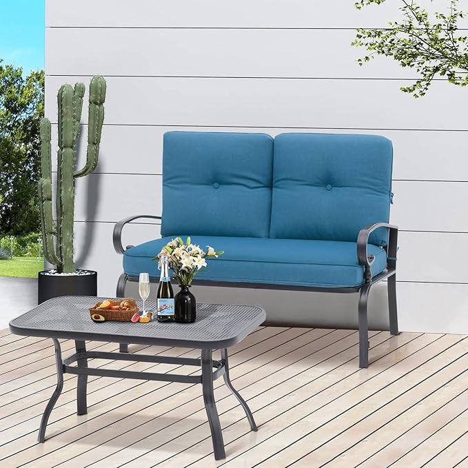 Oakcloud Outdoor 2 Pcs Patio Loveseat Bench Metal Frame Furniture Set with Thick Cushions and Coffee Table, Wrought Iron Look (Peacock Blue)