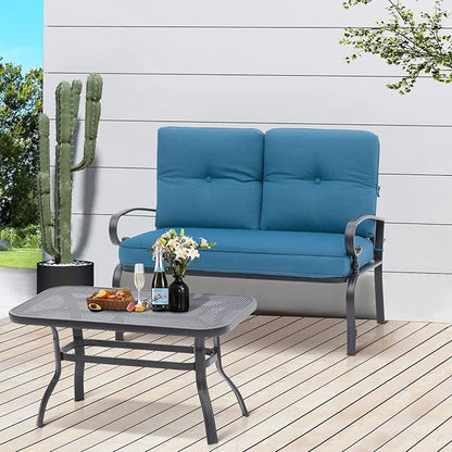 Oakcloud Outdoor 2 Pcs Patio Loveseat Bench Metal Frame Furniture Set with Thick Cushions and Coffee Table, Wrought Iron Look (Peacock Blue)