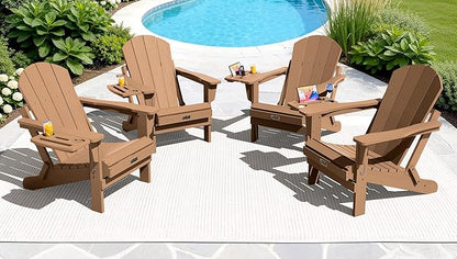 SERWALL Folding Adirondack Chair, Adirondack Chairs with 4 in 1 Multi-Functional Cup Holder, Wood-Like Patio Chair, Lawn Chairs, Weather Resistant HIPS Plastic Fire Pit Chair for Garden, Backyard