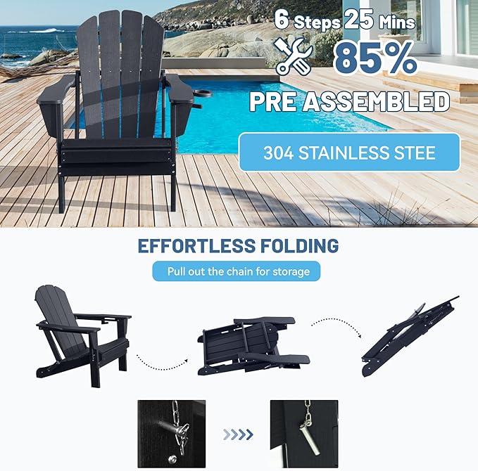 Adirondack Chair, Plastic Adirondack Chairs, HDPE Adirondack Chair, Folding Adirondack Chairs,Outdoor Chairs with Cup Holder for Lawn Patio Deck Fire Pit -Black