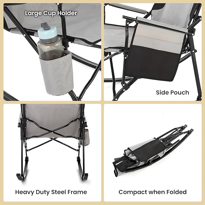 ARROWHEAD OUTDOOR 2-Pack Foldable Rocking Camp Chair with Large Cup Holder, Side Pocket, Space-Saving Folding, Enhanced Swinging Rocker for Camping, Fishing, Patio