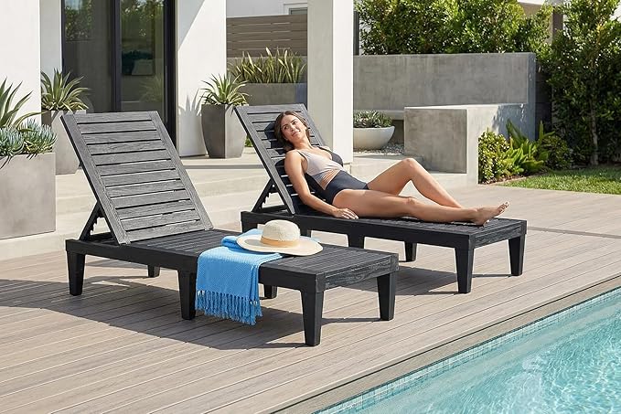 Outdoor Lounge Chairs Set of 2 for Poolside Patio, Weather-Resistant Pool Chaise Lounge with Adjustable Backrest, Resin Tanning Chair Sun Lounger for Outside Deck, Beach, Sunbathing, Black