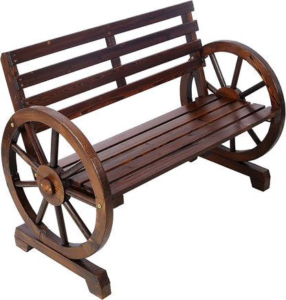 Outdoor Wood Bench, 2-Person Wooden Wagon Wheel Bench for Backyard, Patio, Porch, Garden, Outdoor Lounge Furniture with Rustic Country Design, Slatted Seat and Backrest, Brown (Brown)