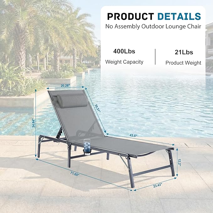 Foldable Outdoor Lounge Chairs Set of 4, No Assembly Chaise Lounge Outdoor with Cup Holder and 6 Adjustable Positions - Photo 3
