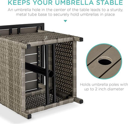 Best Choice Products Wicker Side Table with Umbrella Hole, Square PE Rattan Outdoor End Table for Patio, Garden, Poolside, Deck w/UV-Resistant Frame, Storage Space - Taupe