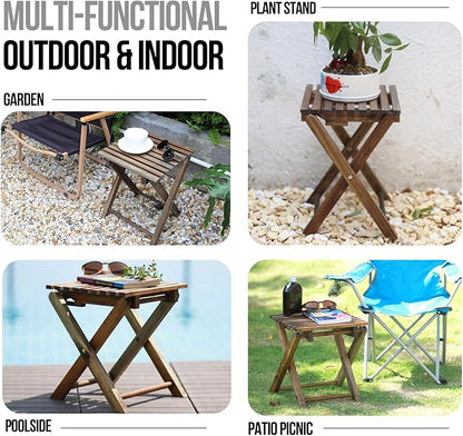 Pack of 2 Small Folding Table, Portable Acacia Wood Side Table for Patio, Pool, Balcony, Indoor and Outdoor, Walnut, 14 inches Height
