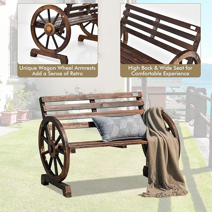 HAPPYGRILL Patio Garden Bench 2-Person Seat Rustic Wooden Wheel Bench with High Back & Wide Seat - Photo 8