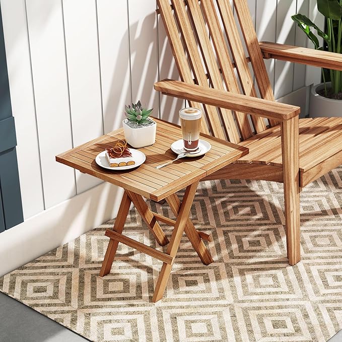 Tangkula Patio Side Table Folding, Teak Wood Square Coffee Table w/X-Shaped Legs & Slatted Tabletop, Portable & Compact Outdoor End Table for Backyard, Deck, Lawn