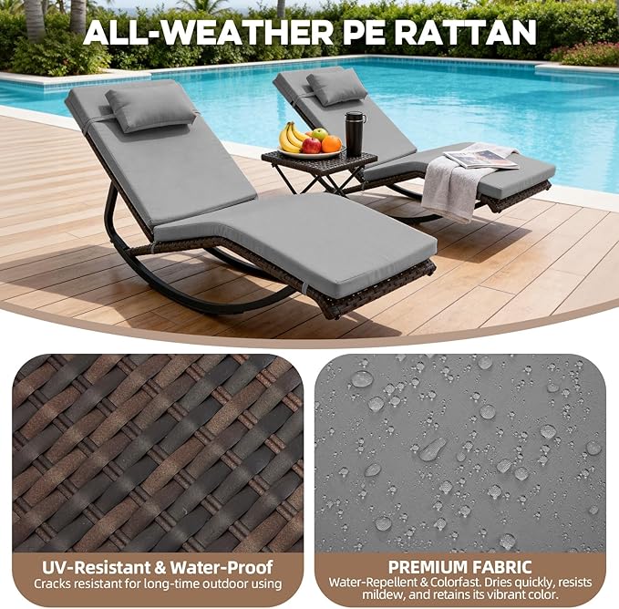 Outdoor Lounge Chair Set of 3, Patio Chaise Lounger with Folding Table and Adjustable Headrest, Easy 4-Step Assembly, All-Weather PE Rattan & Steel Frame for Pool, Patio, Porch, Backyard(Gray)