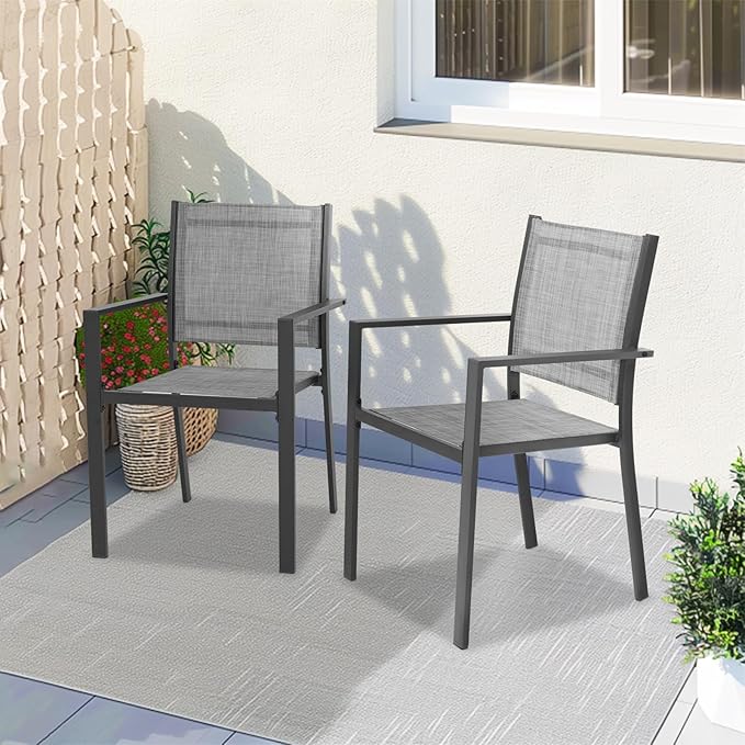 Patio Dining Chairs, All-Weather High-Resilience Textilene Outdoor Dining Chair Set of 4, Heavy-Duty Stackable Minimalist Outdoor Chairs with Armrest, Patio Chairs for Lawn Deck Pool, Grey
