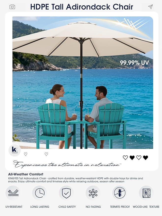 KINGYES Tall Adirondack Chair Set of 4, HDPE Tall Adirondack Barstools with Double Connecting Trays, Embossed Bar Height Adirondack Chair for 2, All Weather Resistant Balcony Adirondack Chairs, Aruba