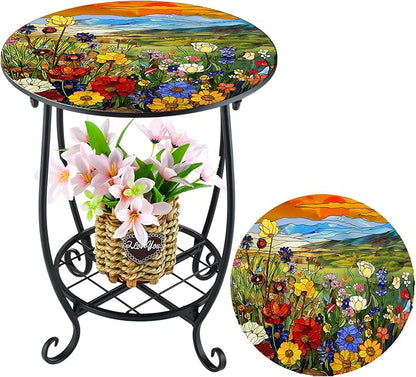 Outdoor Side Table Round Small Mosaic Patio Accent Indoor End Plant Coffee Tea Table for Yard Patio Porch Garden Living Room, Bedroom(Sunset Wildflowers Style,12 Inch)