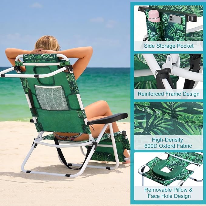 ABORON Tanning Chair with Face Hole, 5-Position Adjustable Reclining Beach Lounge Chair - Photo 9