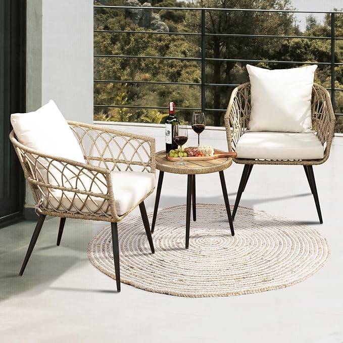 Idzo Heavy Duty 500lbs Weight Capacity Wicker Bistro Table and Chairs Set of 2 with Premium Olefin Fabric Soft Cushions - Photo 2