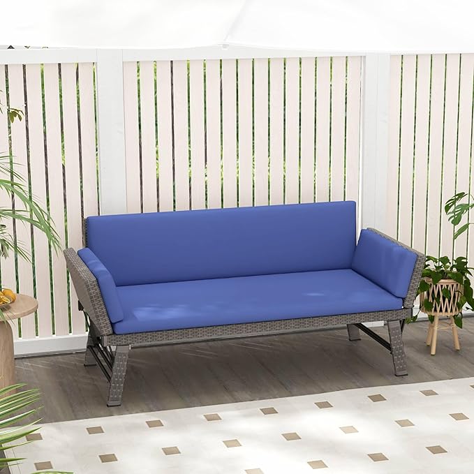 Tangkula Outdoor Convertible Sofa Daybed with Adjustable Armrests, PE Rattan Patio Couch Furniture with Thick Cushions - Photo 2