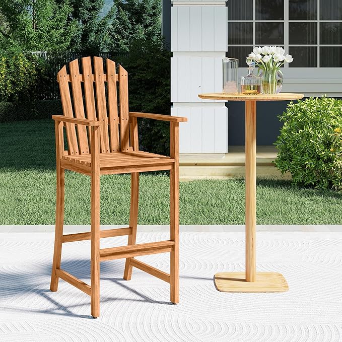 Tangkula Tall Adirondack Chair, Outdoor Acacia Wood Bar Stool with Back, Armrests and Footrest, Bar Height Patio Chair for Balcony, Porch, Deck and Backyard (2,Natural)