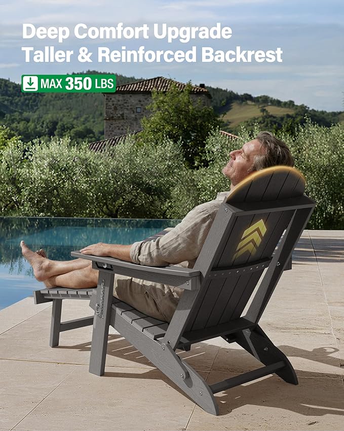 YEFU Adirondack Chairs Set of 2 for Outdoor: Folding Adirondack Chairs with Retractable Ottoman & Cup Holder - HDPE Plastic Adjustable All-Weather Chair for Patio/Pool/FirePit- Easy Assembly(Grey)