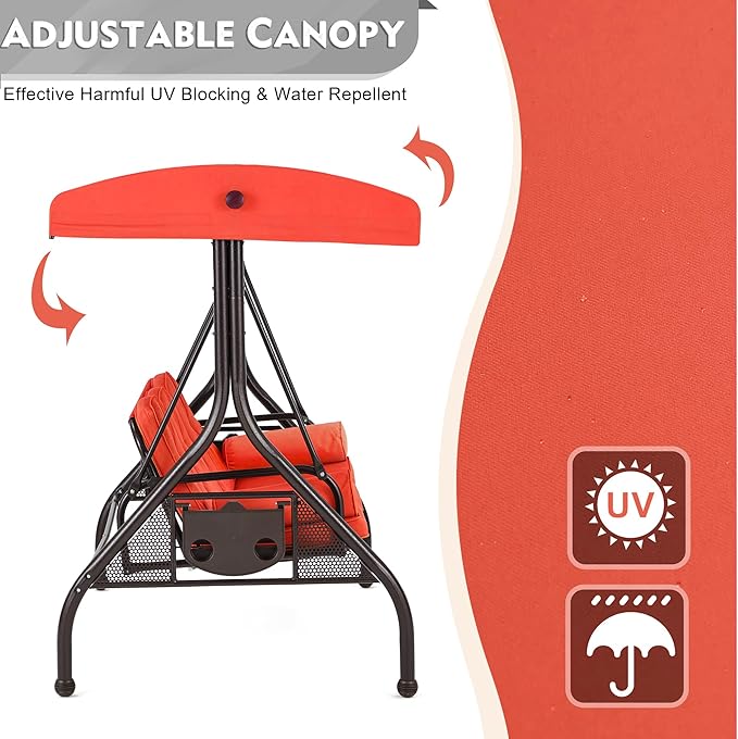 HOMREST 3 Seat Outdoor Porch Swing with Adjustable Canopy, Convertible Patio Swing Bed with Stand - Photo 2