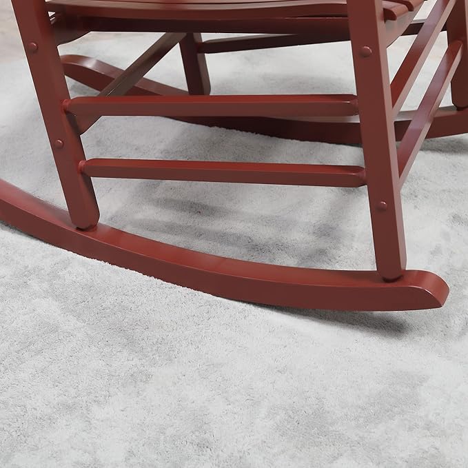 Outdoor Rocking Chair, Patio Wooden Rocking Chair with Smooth Armrests, High Back for Garden, Balcony, Porch, Supports Up to 352 lbs., Wine Red