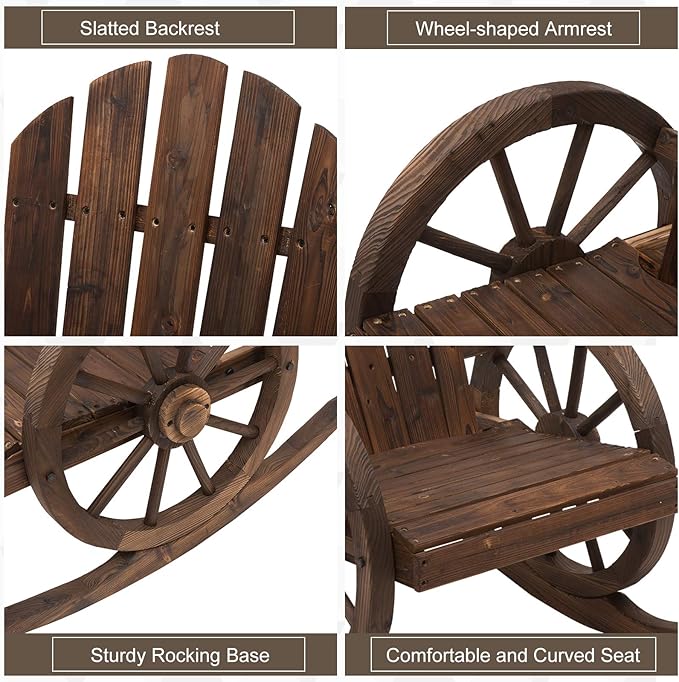 Outsunny Wooden Rocking Chair, Adirondack Rocker Chair w/Slatted Design and Oversized Back, Outdoor Rocking Chair with Wagon Wheel Armrest for Porch, Poolside, and Garden, Carbonized