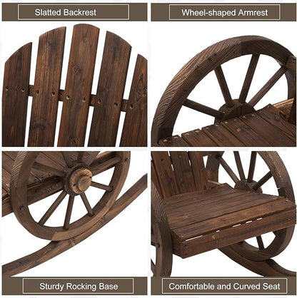 Outsunny Wooden Rocking Chair, Adirondack Rocker Chair w/Slatted Design and Oversized Back, Outdoor Rocking Chair with Wagon Wheel Armrest for Porch, Poolside, and Garden, Carbonized