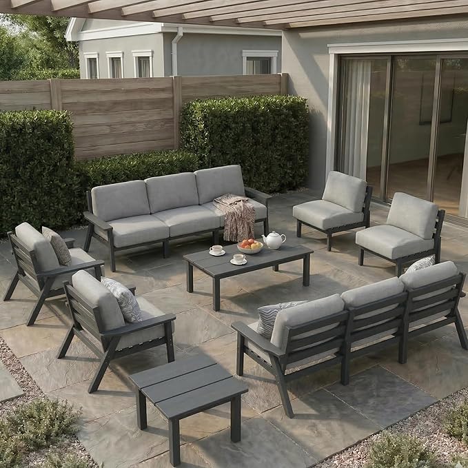HDPE Patio Furniture Set 10 Seats, Outdoor Couch with Washable Thick Gray Cushions & Coffee Table & Side Table, Outdoor Sectional Furniture for Backyard, Deck, Lawn, Porch (Gray Frame)