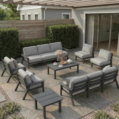 HDPE Patio Furniture Set 10 Seats, Outdoor Couch with Washable Thick Gray Cushions & Coffee Table & Side Table, Outdoor Sectional Furniture for Backyard, Deck, Lawn, Porch (Gray Frame)
